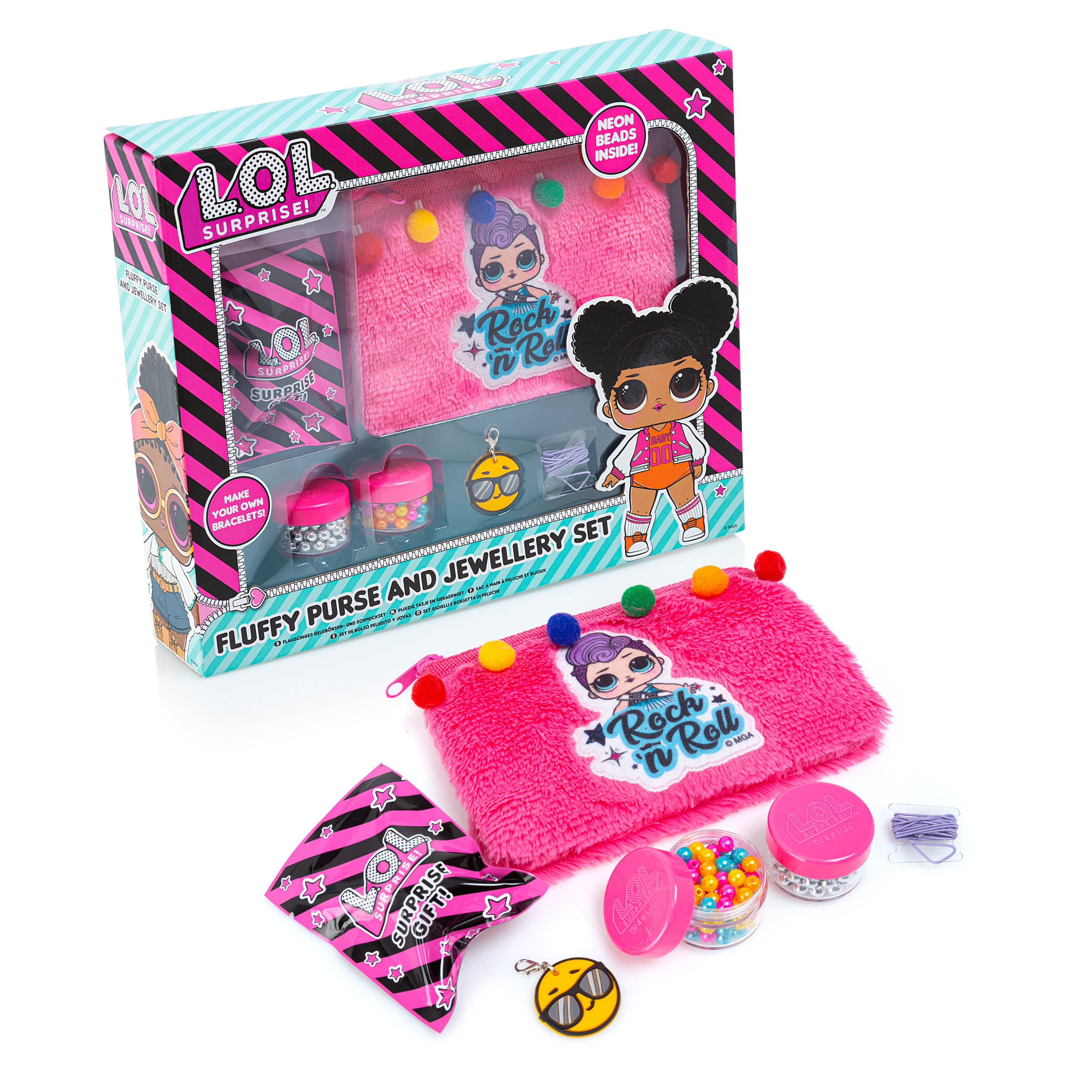 LOL Plush Purse And Jewellery Set Bracelet Funky Neon Beads Personalised Gift LOL Plush Purse And Jewellery Set Bracelet Funky Neon Beads Personalised Gift